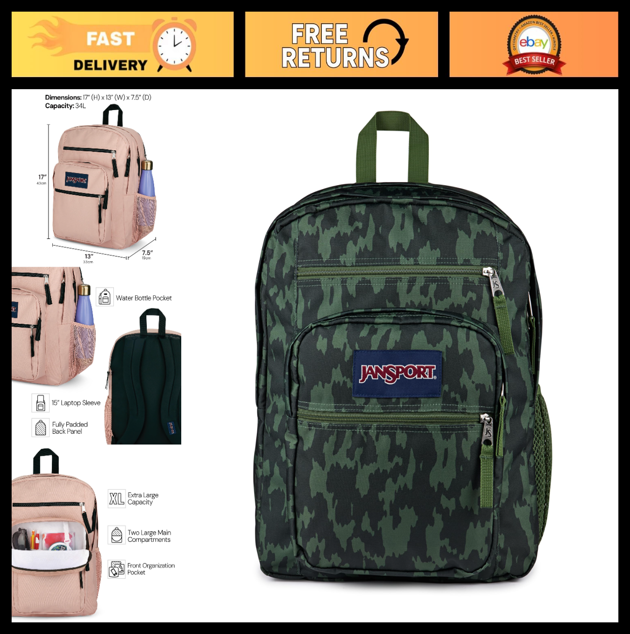 Laptop Backpack for 15" Laptop   Ergonomic, 2 Compartments, Haul Handle, Camo0