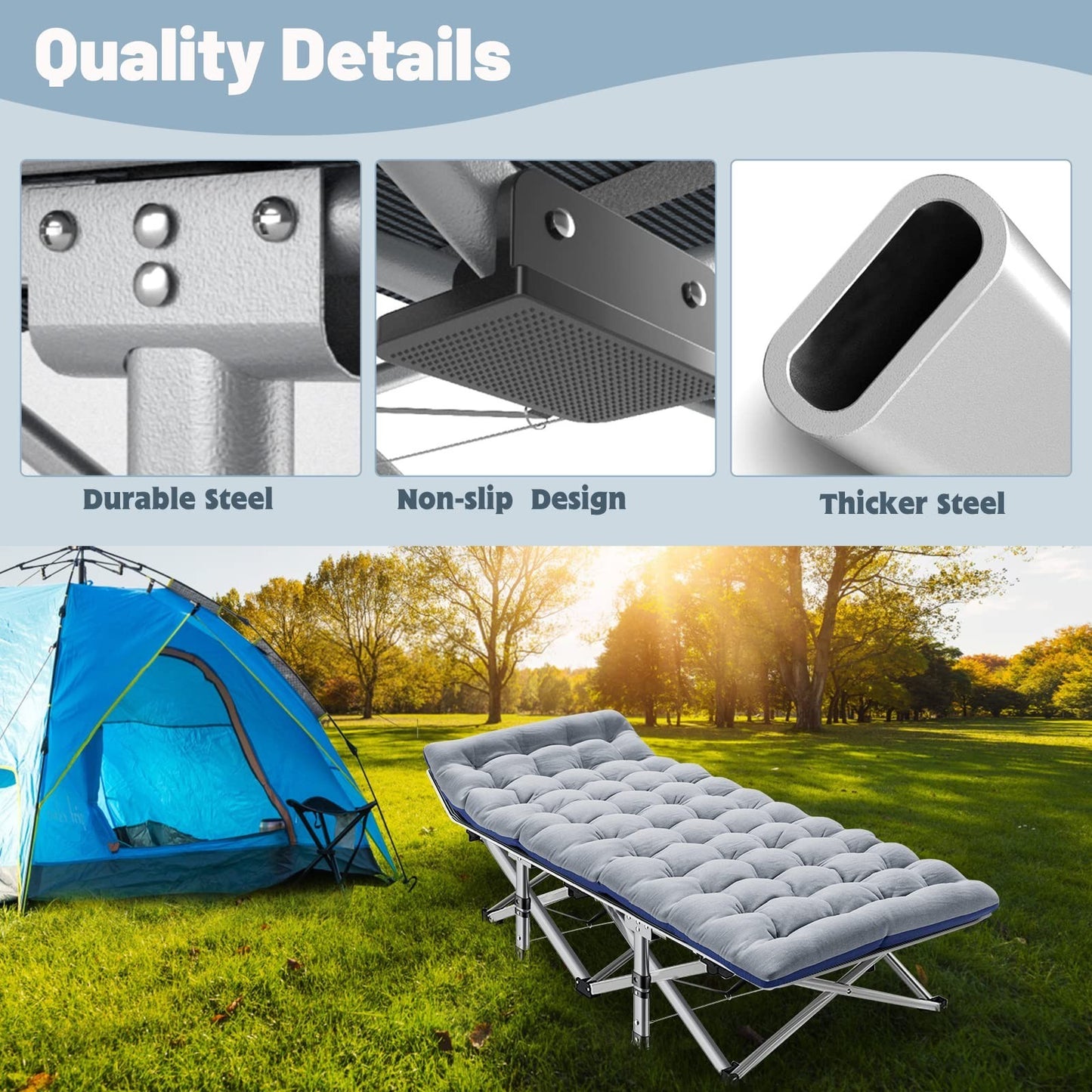 Folding Camping Cot for Adults, 28" Wide Padded Bed, 880 lbs Capacity, Carry Bag4