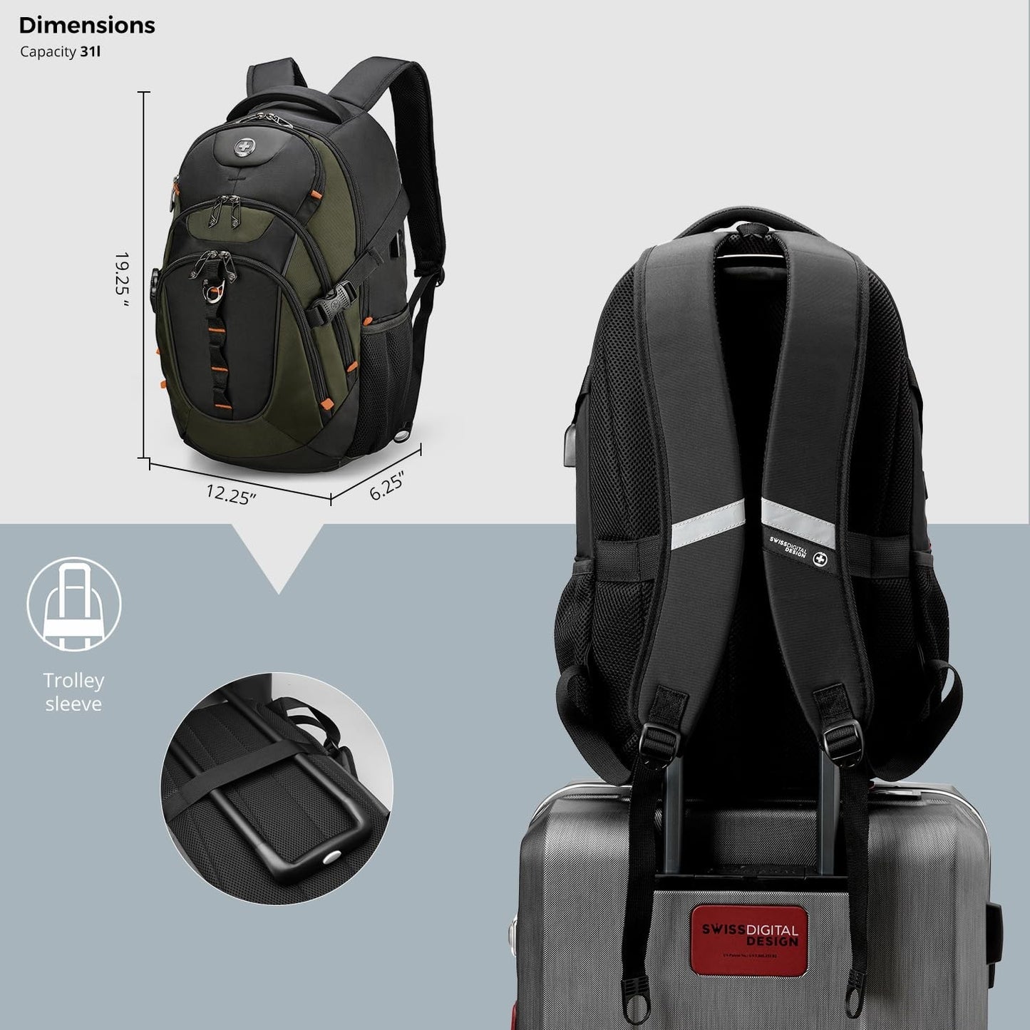 Travel Laptop Backpack with USB Charging Port, Fits 15.6" Computer, 31L College6