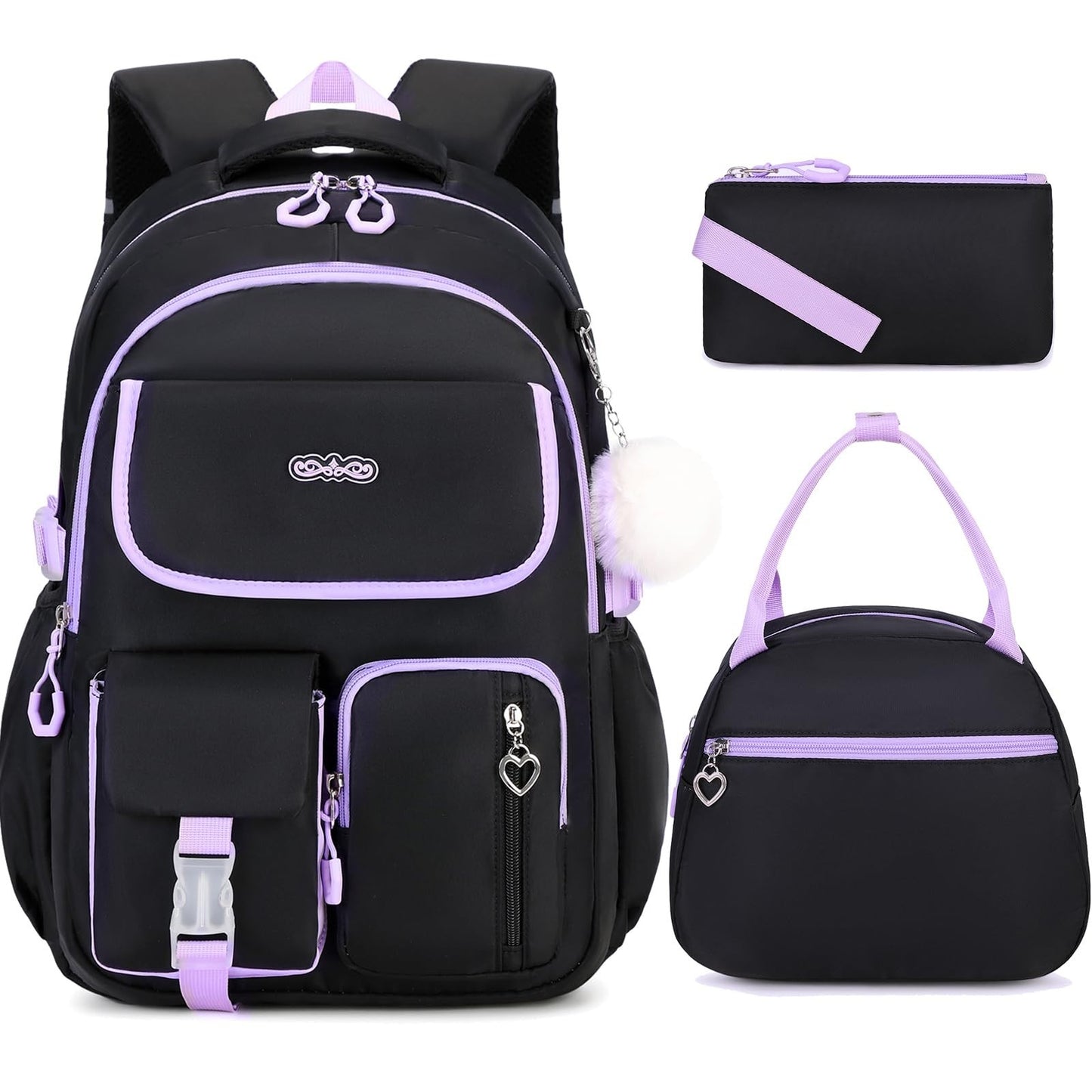 Girls' School Backpack Set 3PCS   Includes Lunch Box & Pencil Pouch, Stylish & D1