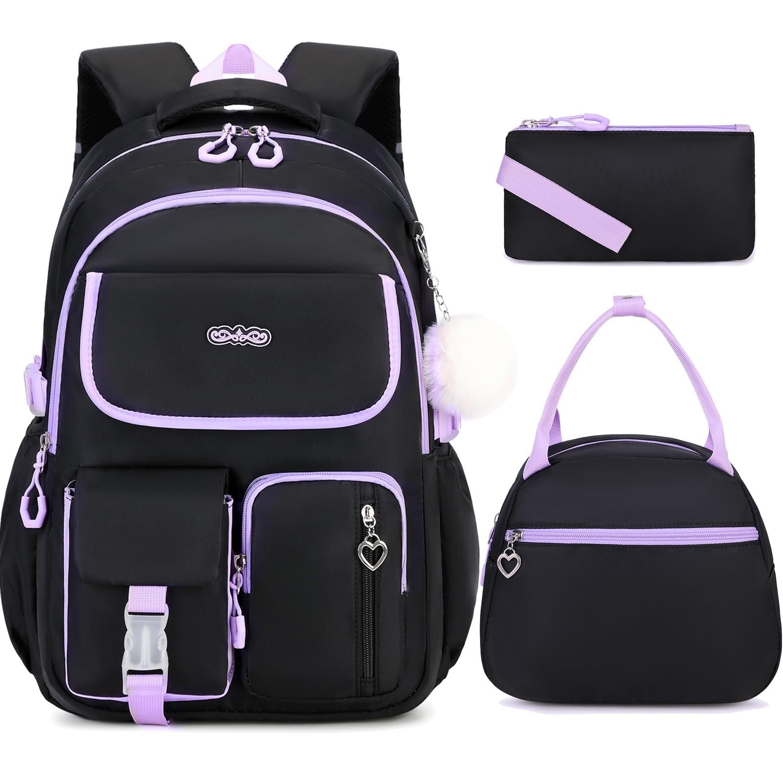 Girls' School Backpack Set 3PCS   Includes Lunch Box & Pencil Pouch, Stylish & D1