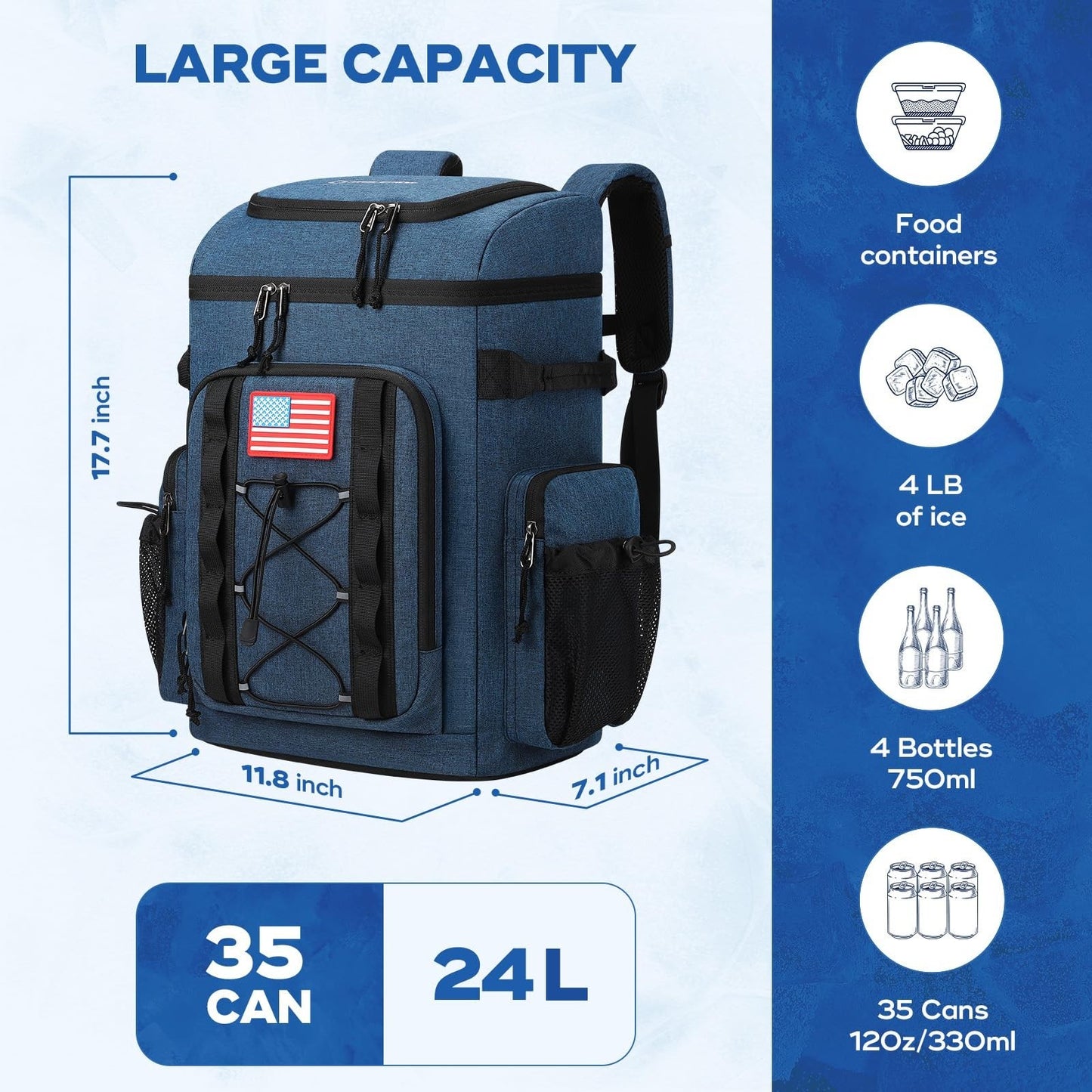 Insulated Backpack Cooler - 35/50 Can, Leakproof Soft Bag, Keeps Food Cold 16H,3