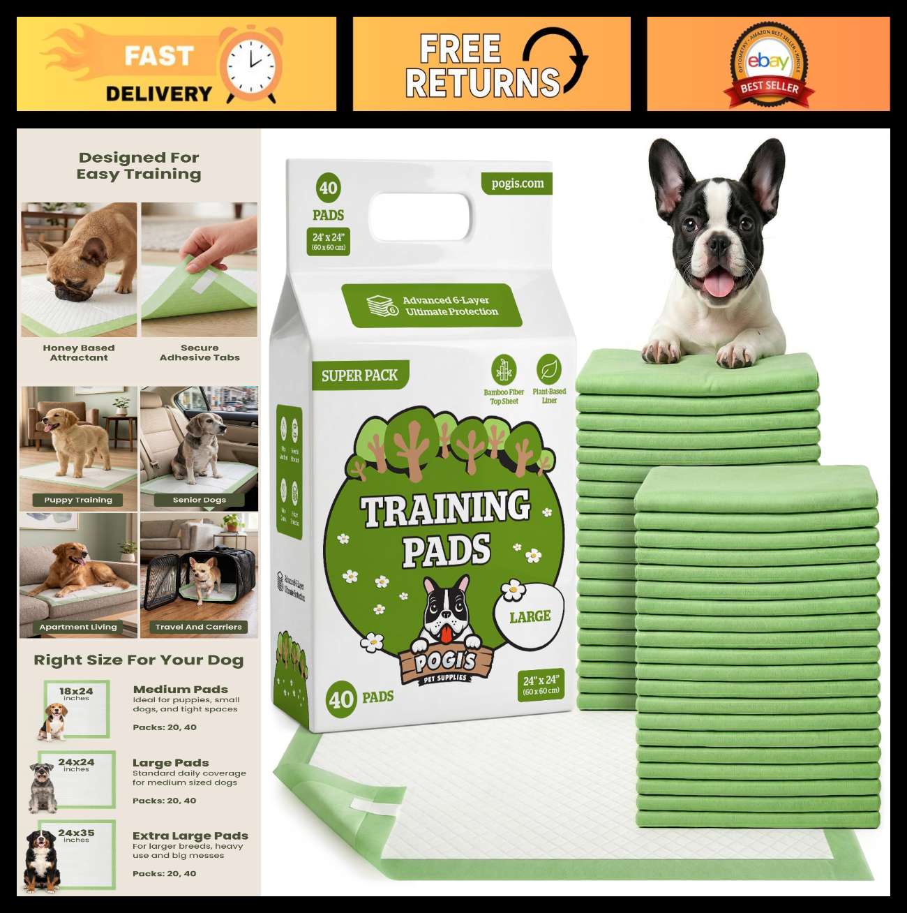 Large Dog Pads with Sticky Tabs - Super Absorbent, Odor Blocking, 40-Count (24x20