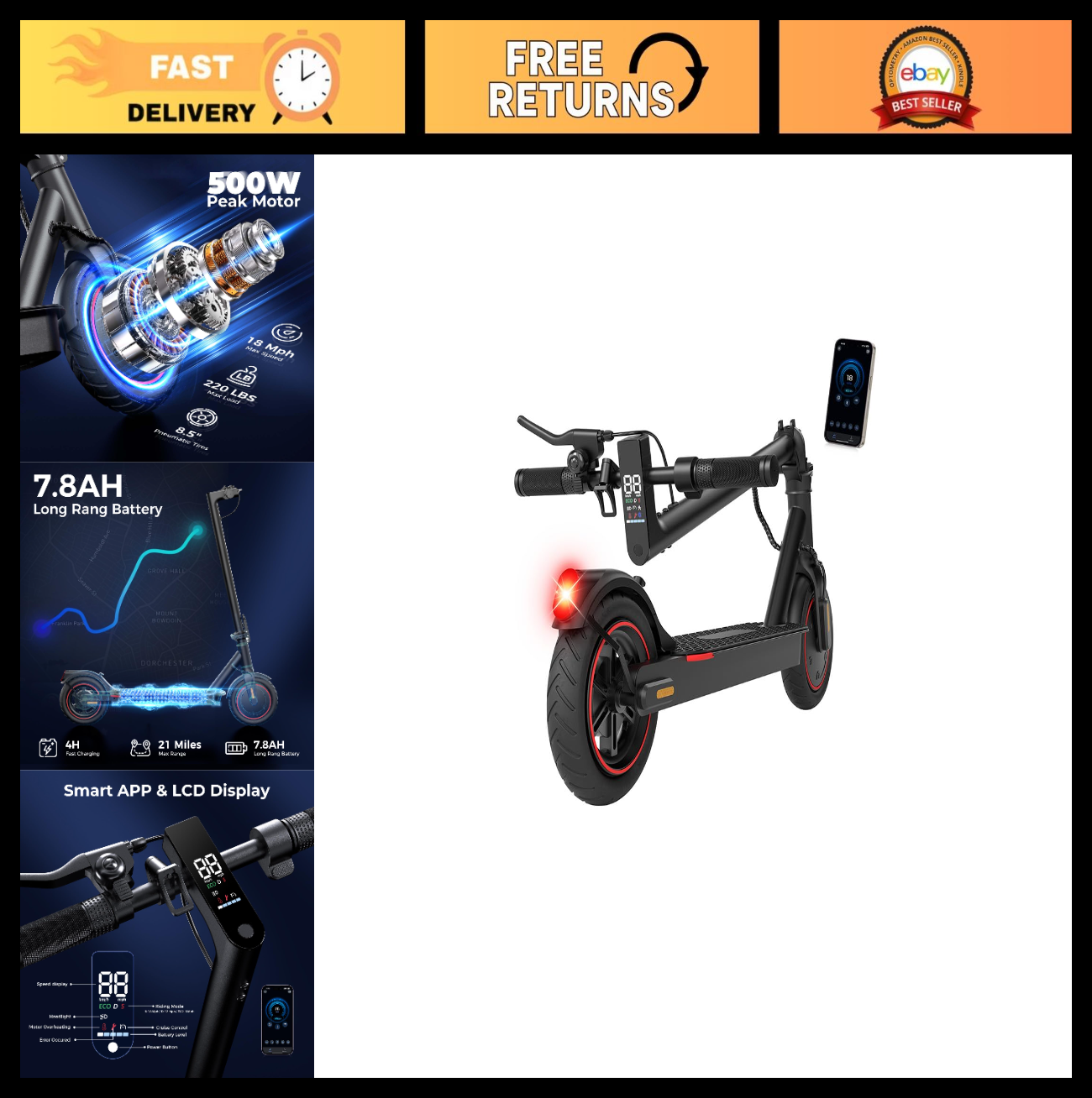 High-Power Electric Scooter for Adults & Teens, 1200W/1000W/500W Motor, 10''/8.50