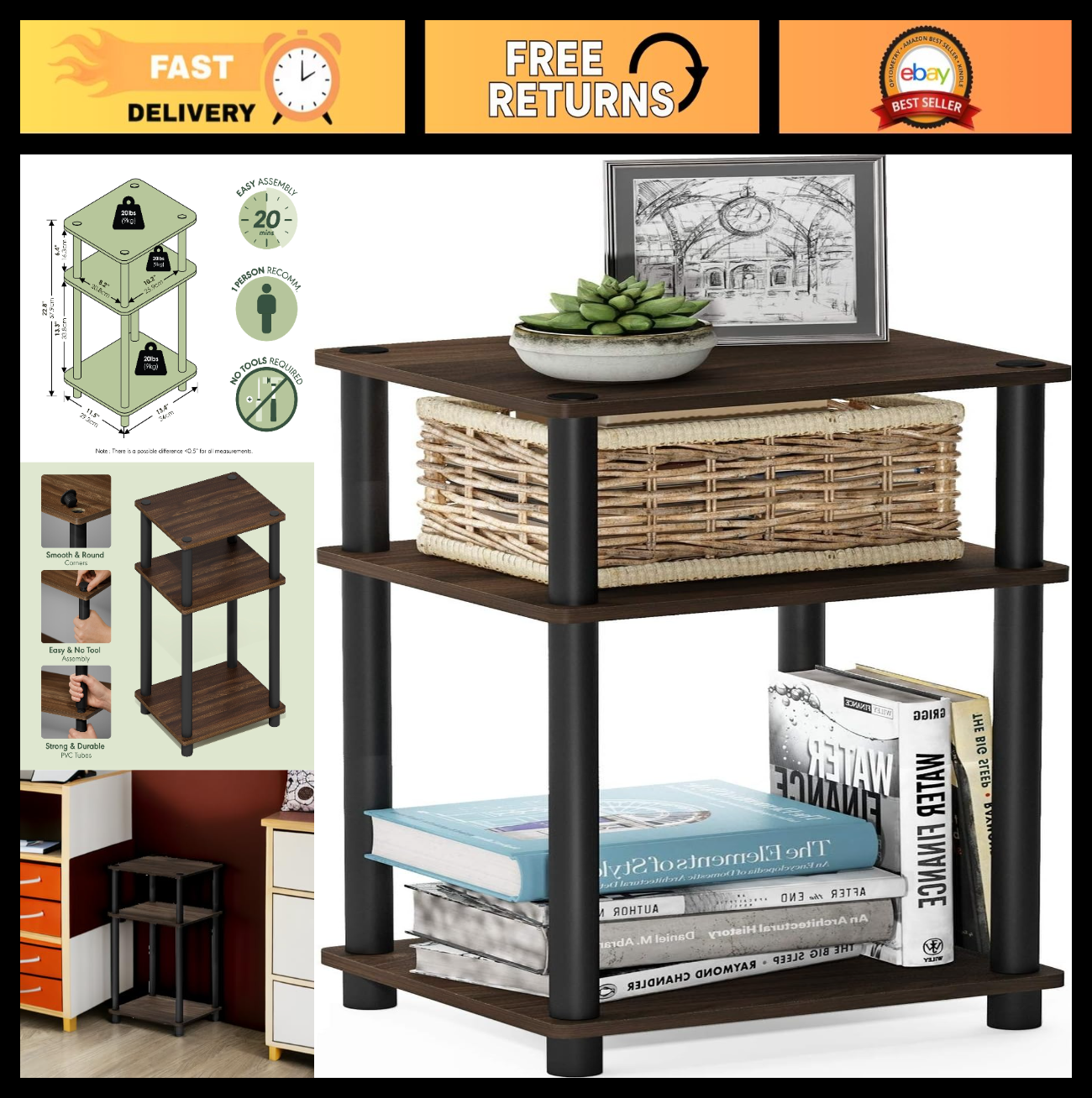 3-Tier Side Table with Open Shelves, Nightstand, Toolless Assembly for Living Ro0