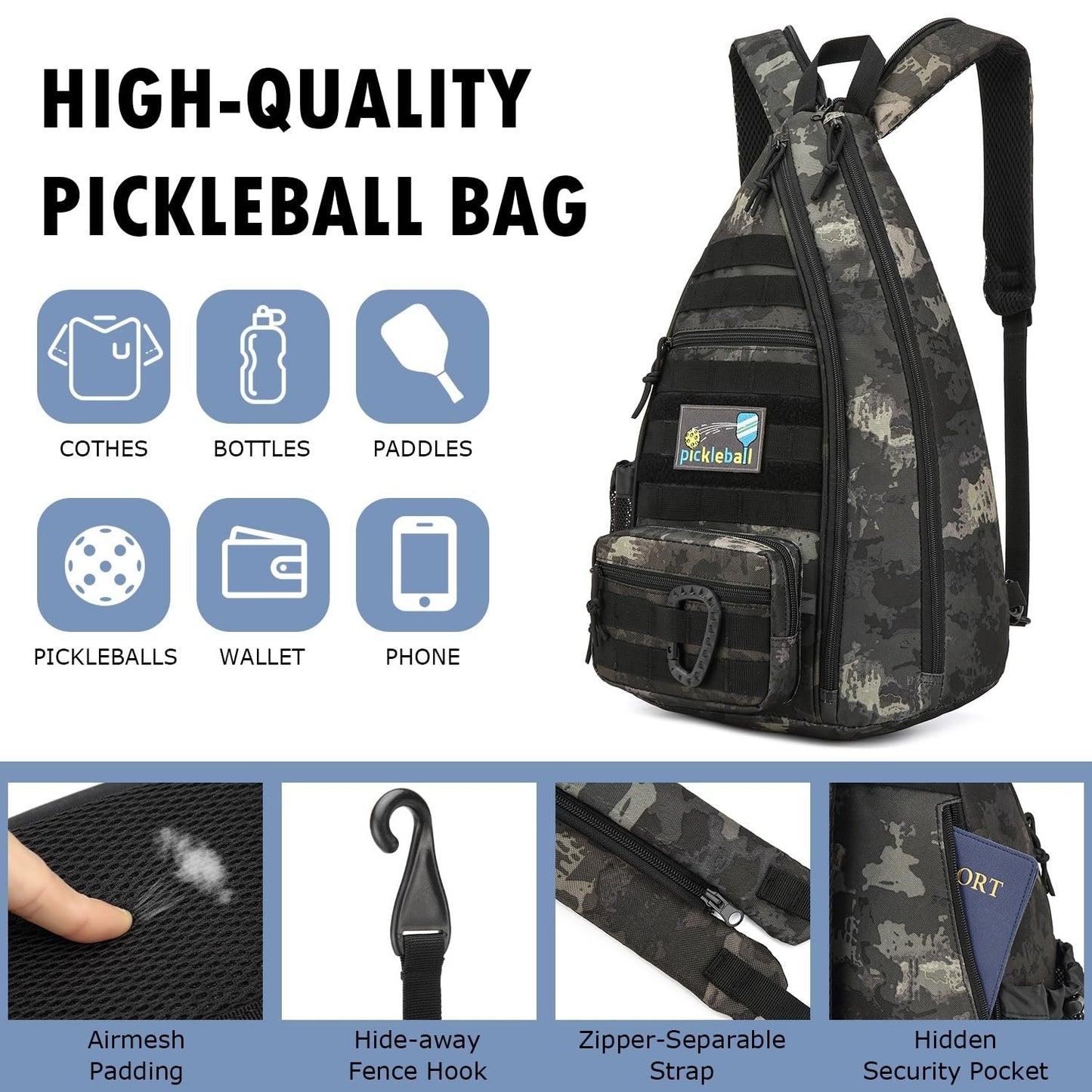 Tactical Pickleball Backpack | Adjustable Sling Bag with Fence Hook & Water Bott4