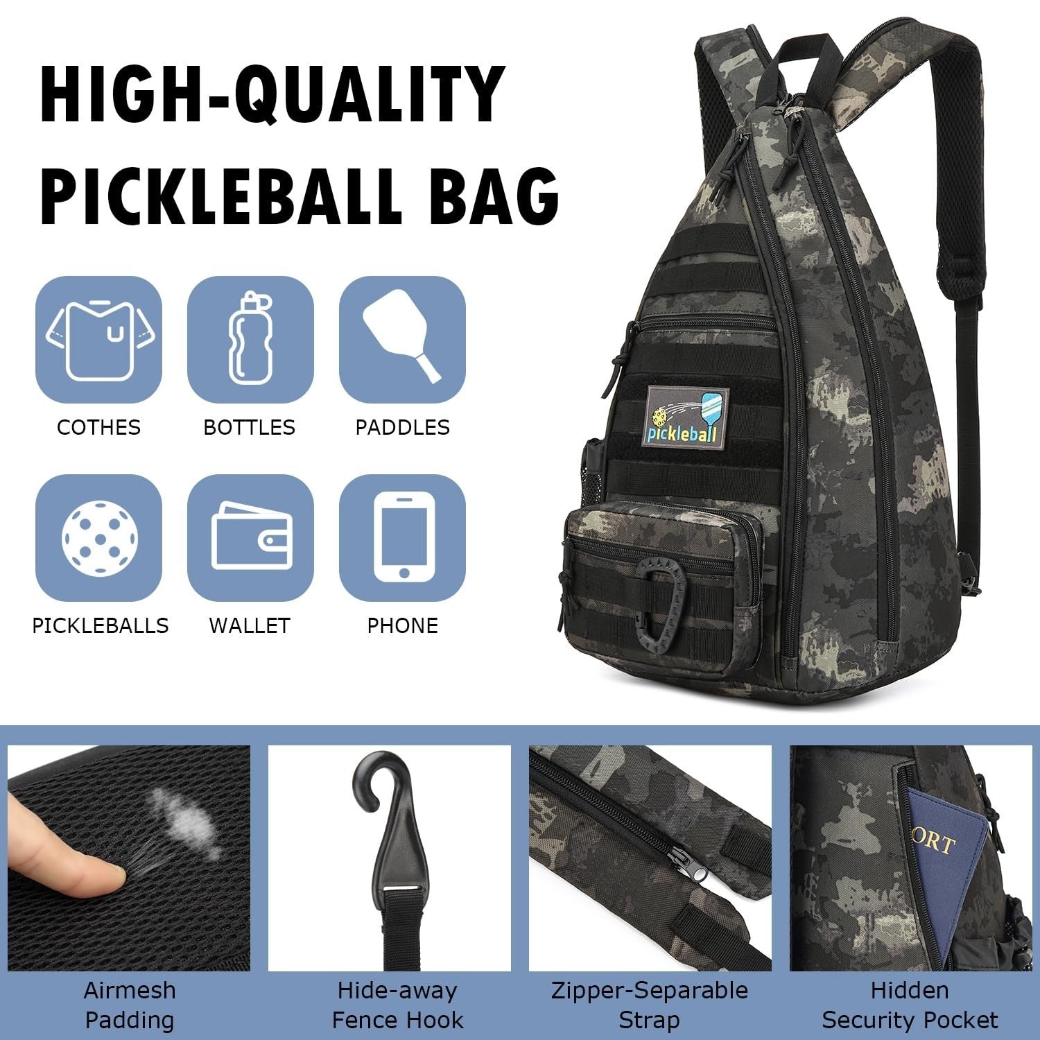 Tactical Pickleball Backpack | Adjustable Sling Bag with Fence Hook & Water Bott4