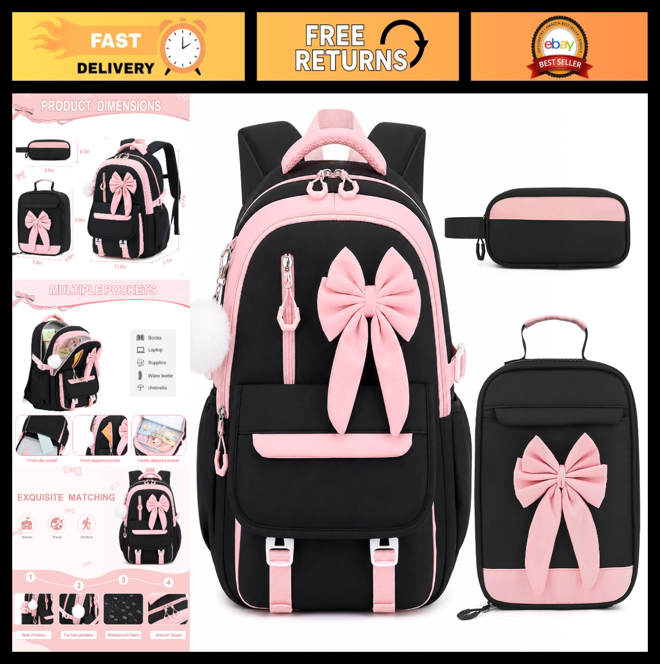 Girls Bow Backpack Set   3PCS with Lunch Bag & Pencil Case, Cute School Bag0