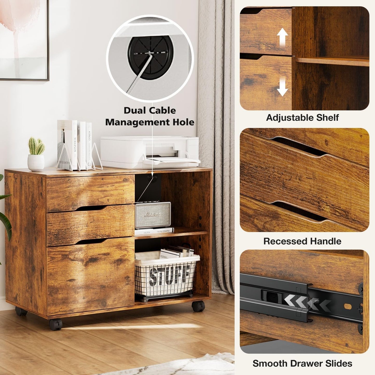 Wood File Cabinet with 3 Drawers, Rolling Printer Stand, Under Desk Storage Orga4
