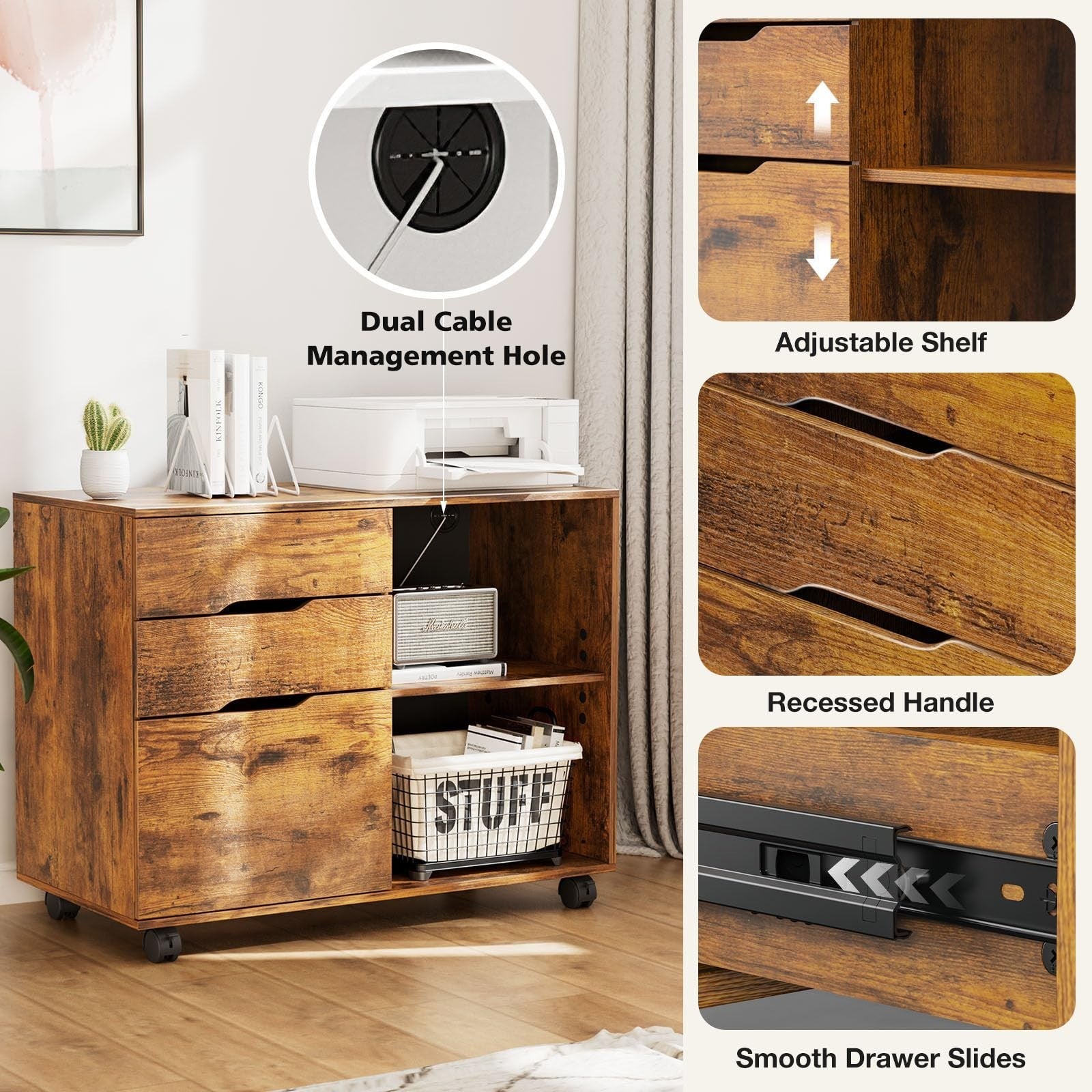 Wood File Cabinet with 3 Drawers, Rolling Printer Stand, Under Desk Storage Orga4