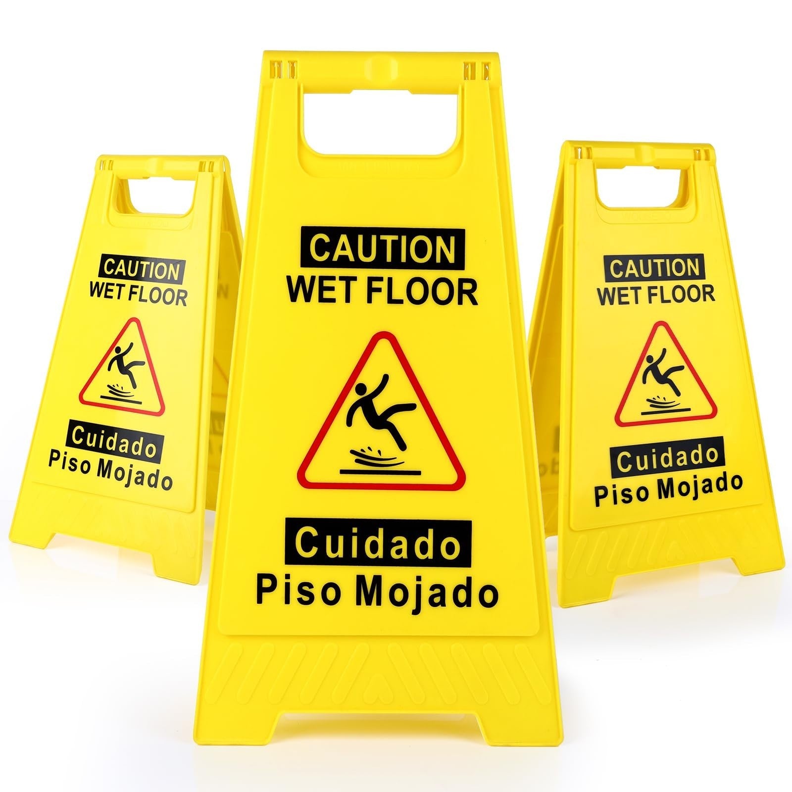 3 Pack Wet Floor Signs   17.5" Yellow Double Sided A Frame, Bilingual Caution Me1