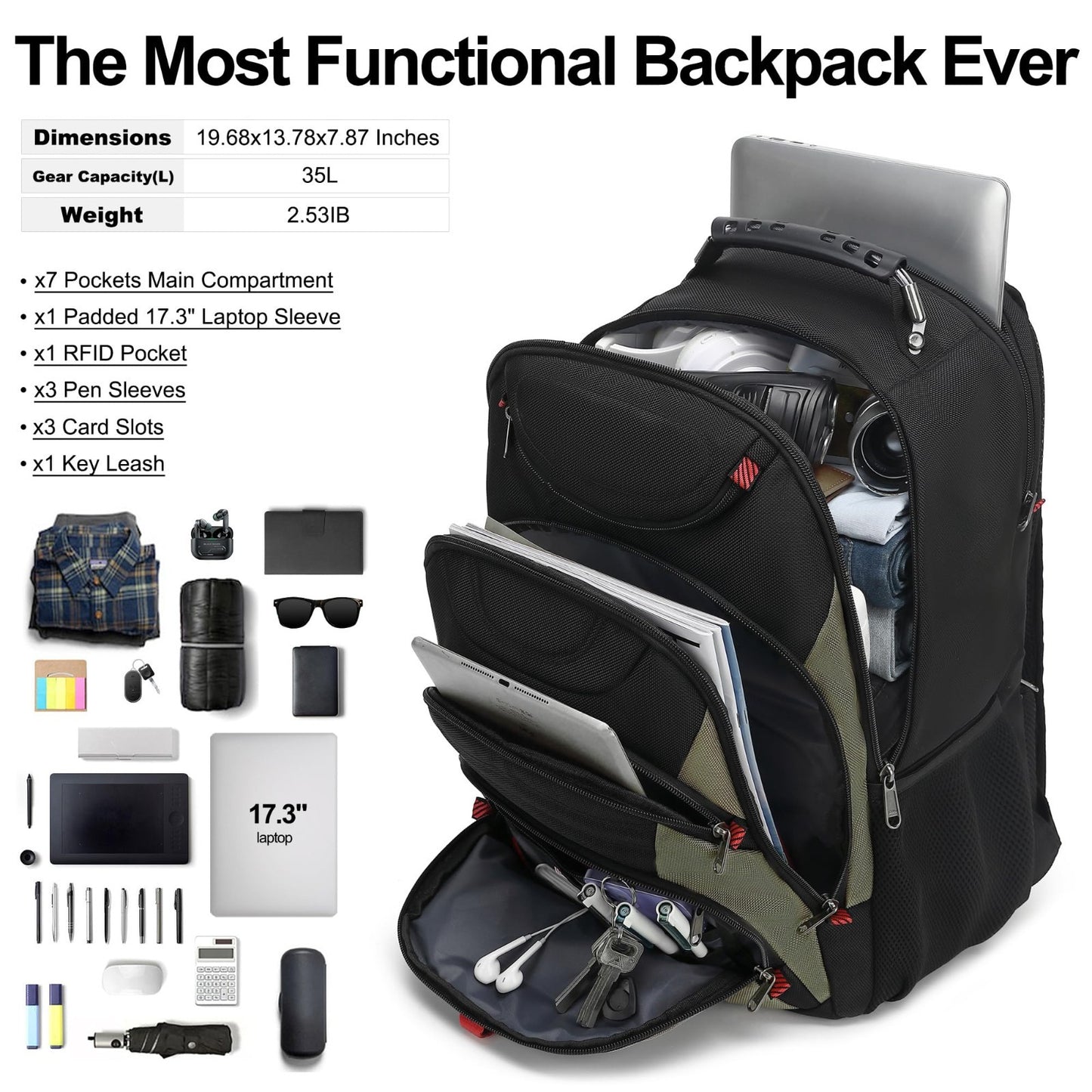 17.3" Waterproof Laptop Backpack with USB Port, Anti Theft Travel Bag, Casual Wo4