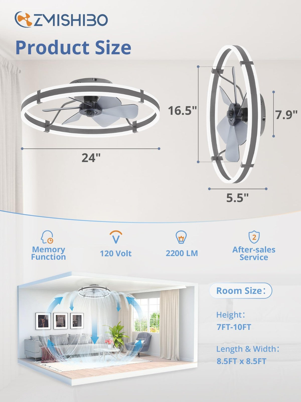 Low Profile 24'' Ceiling Fan with Lights, Remote Control, Dimmable LED, Quiet Mo2