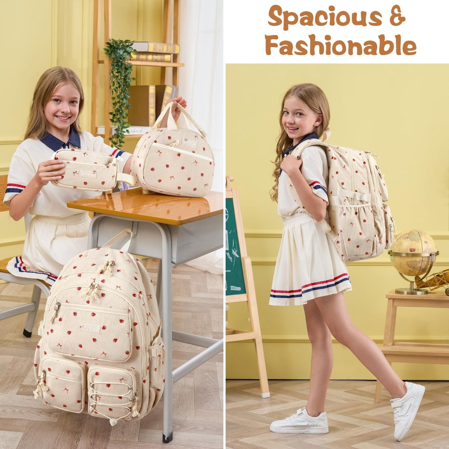 Stylish Corduroy Backpack Set for Girls   3PCS Kids Backpack with Lunch Box5