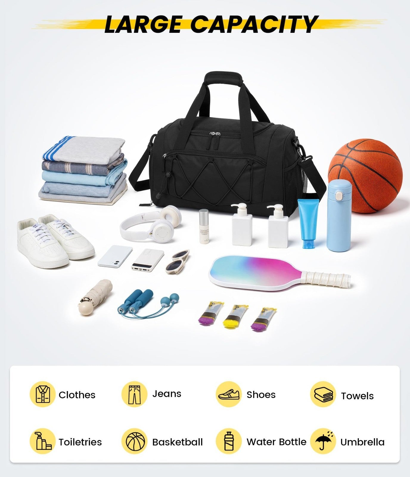 18" Structured Gym Bag with Shoe Compartment, Waterproof Sports Tote, Black5