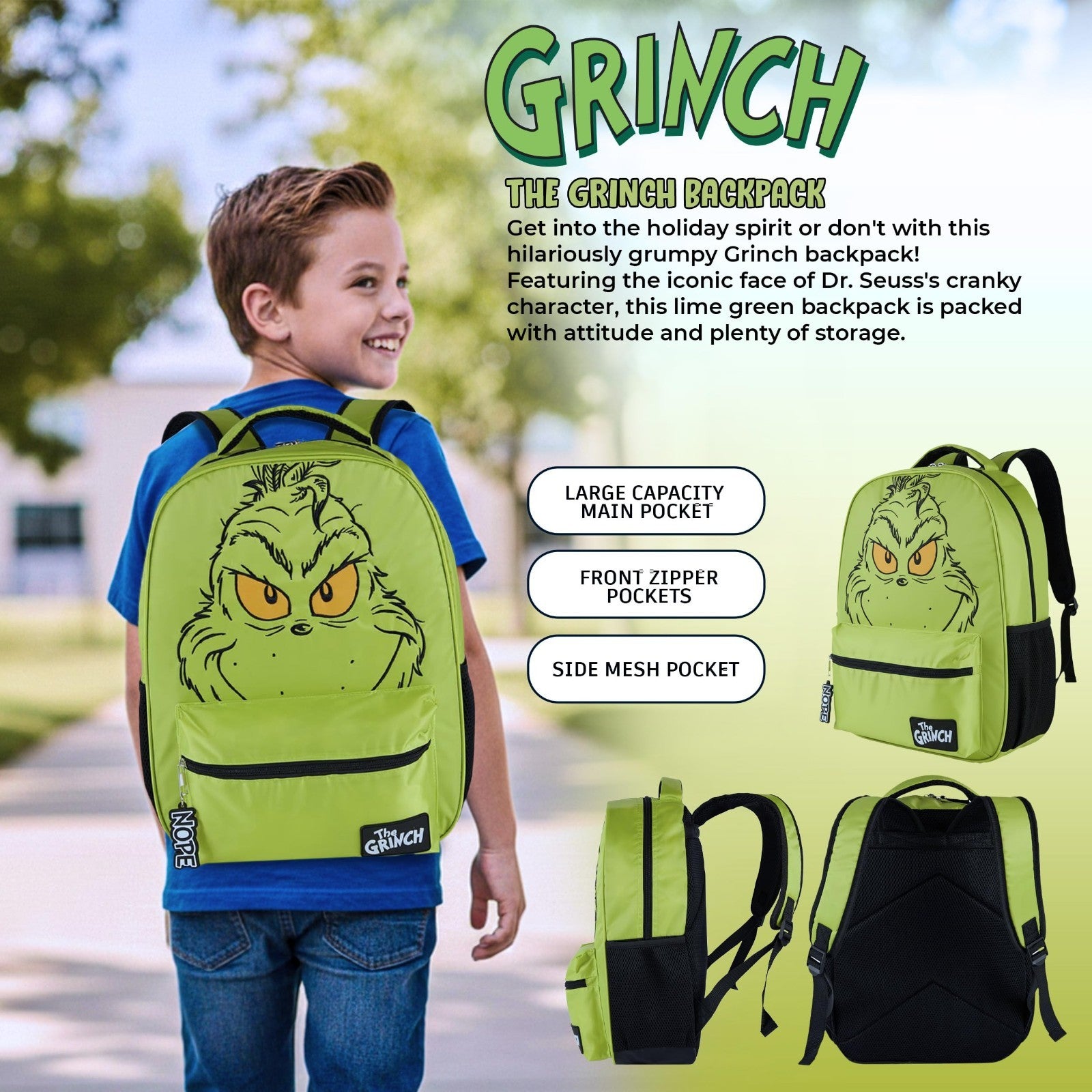 Grinch Backpack for Kids   16” Bookbag with Big Face & Molded Dangle, Green6
