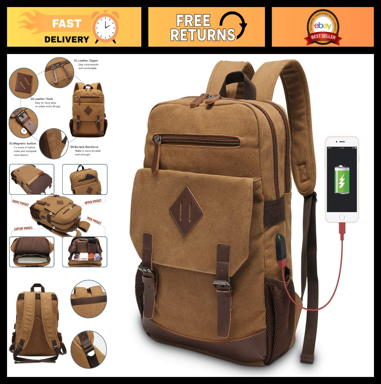 Vintage Canvas Laptop Backpack with USB Charging Port, Fits 15.6" Device, Travel0