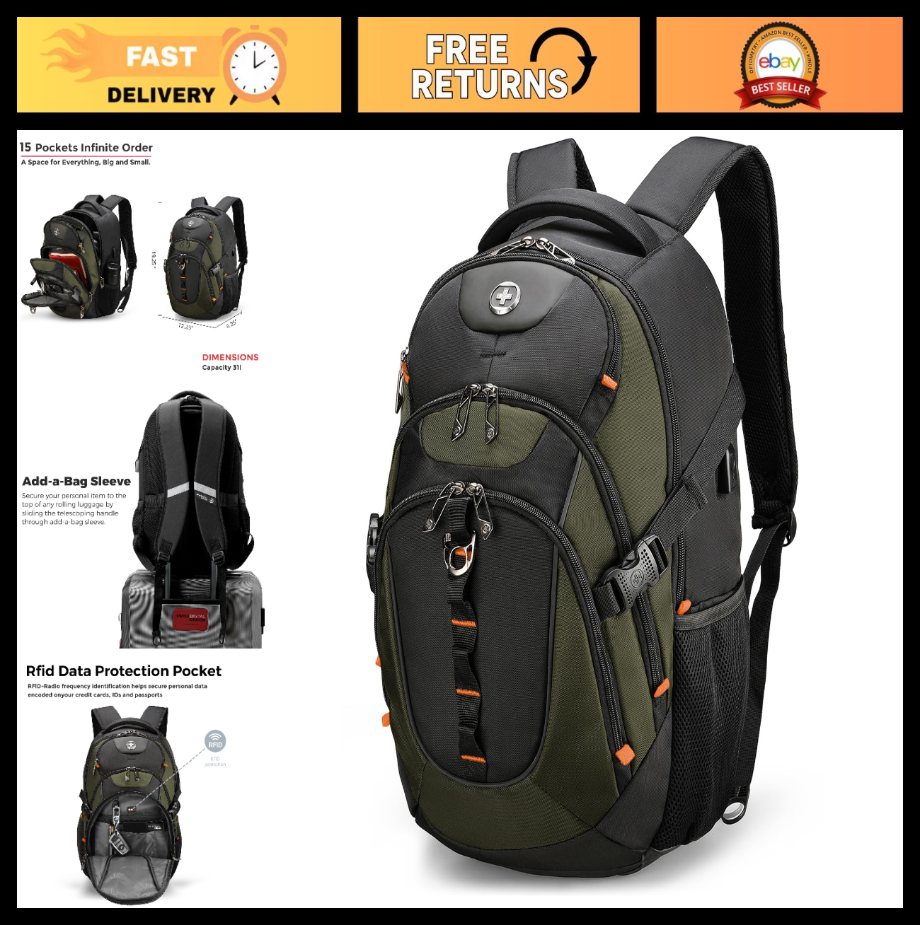 Travel Laptop Backpack with USB Charging Port, Fits 15.6" Computer, 31L College0