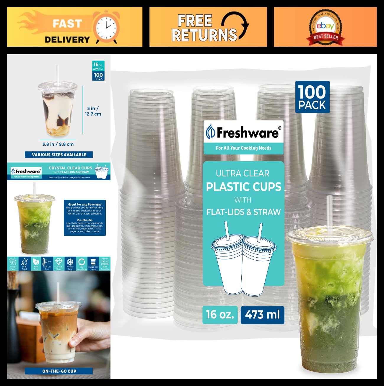 Clear Plastic Cups with Flat Lids & Straws - 100 Pack, 16 oz Disposable for Iced0