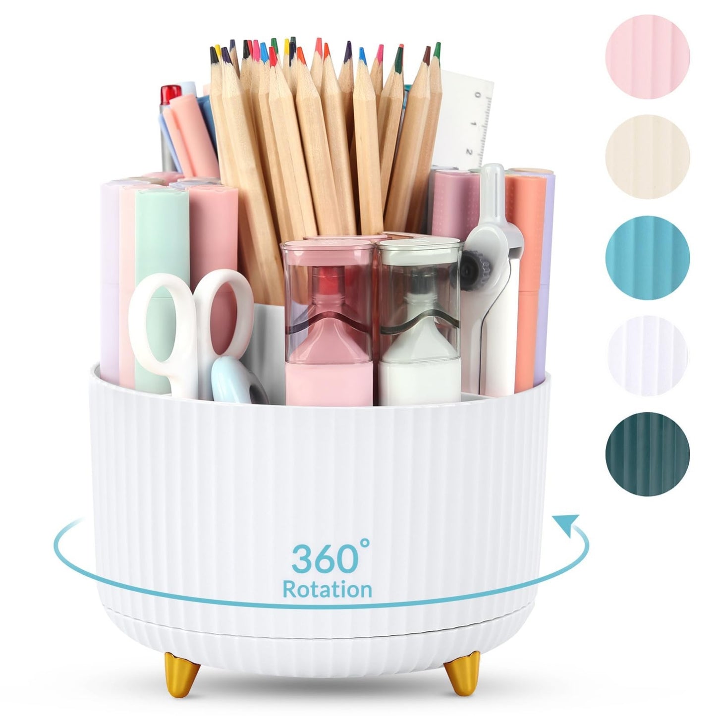360° Rotating Pen & Pencil Holder   Dual Purpose Desk Organizer with 5 Slots, Wh1