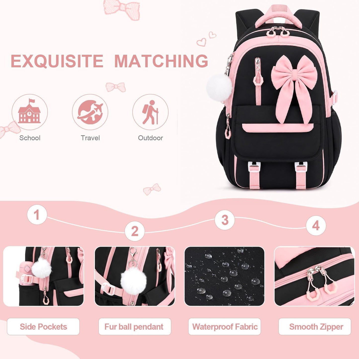 Girls Bow Backpack Set   3PCS with Lunch Bag & Pencil Case, Cute School Bag4