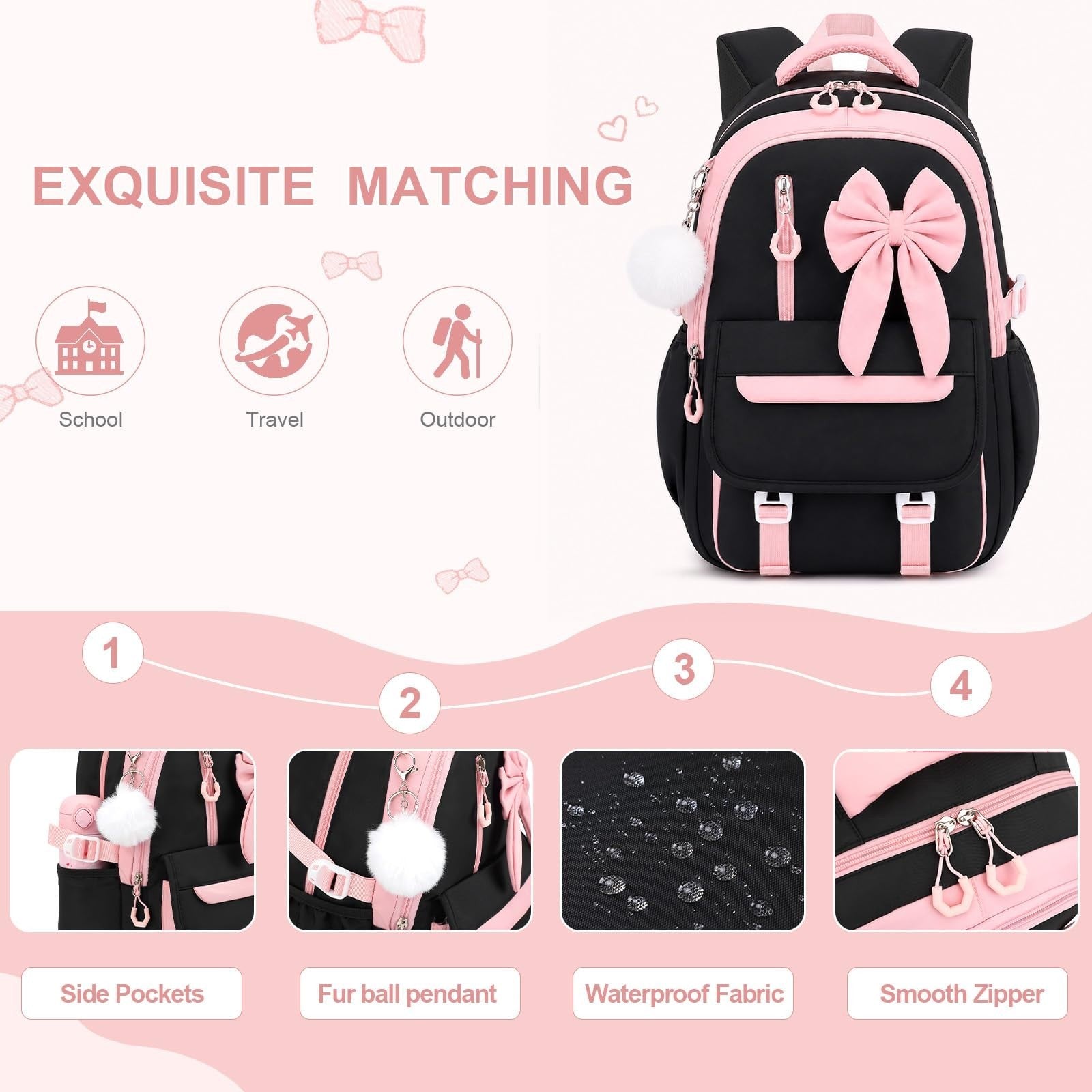 Girls Bow Backpack Set   3PCS with Lunch Bag & Pencil Case, Cute School Bag4