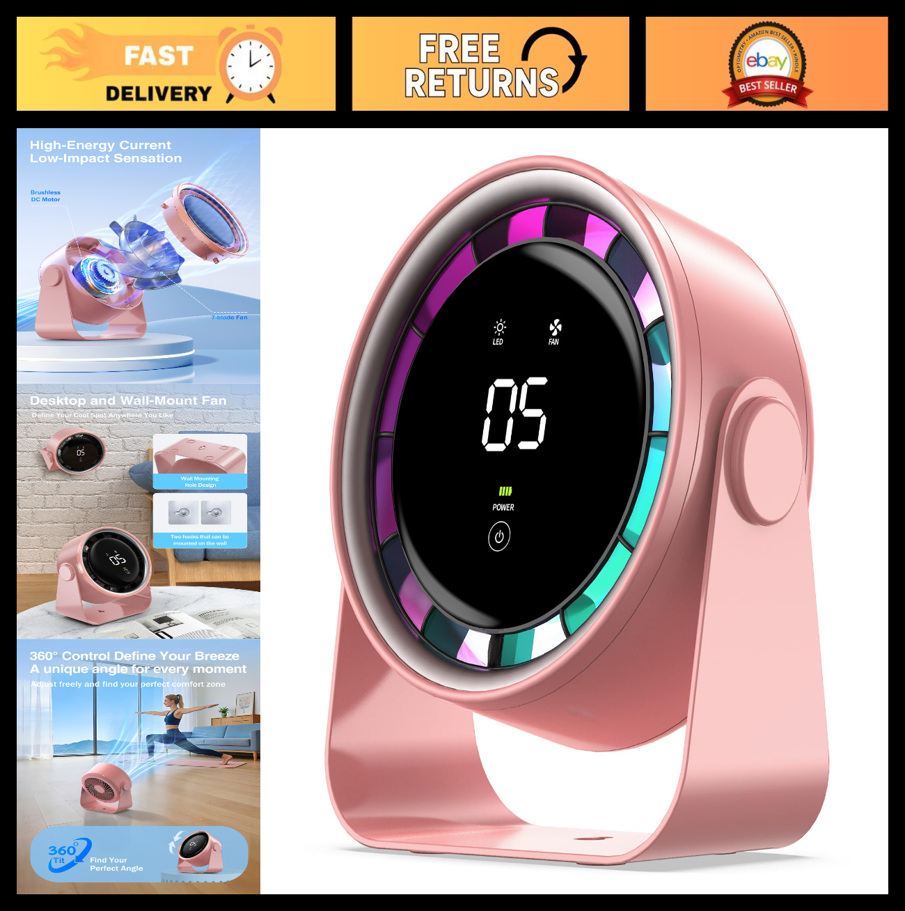 Ultra Quiet Small Desk Fan, Multi Speed Air Circulator, Touch Control, LED Light0