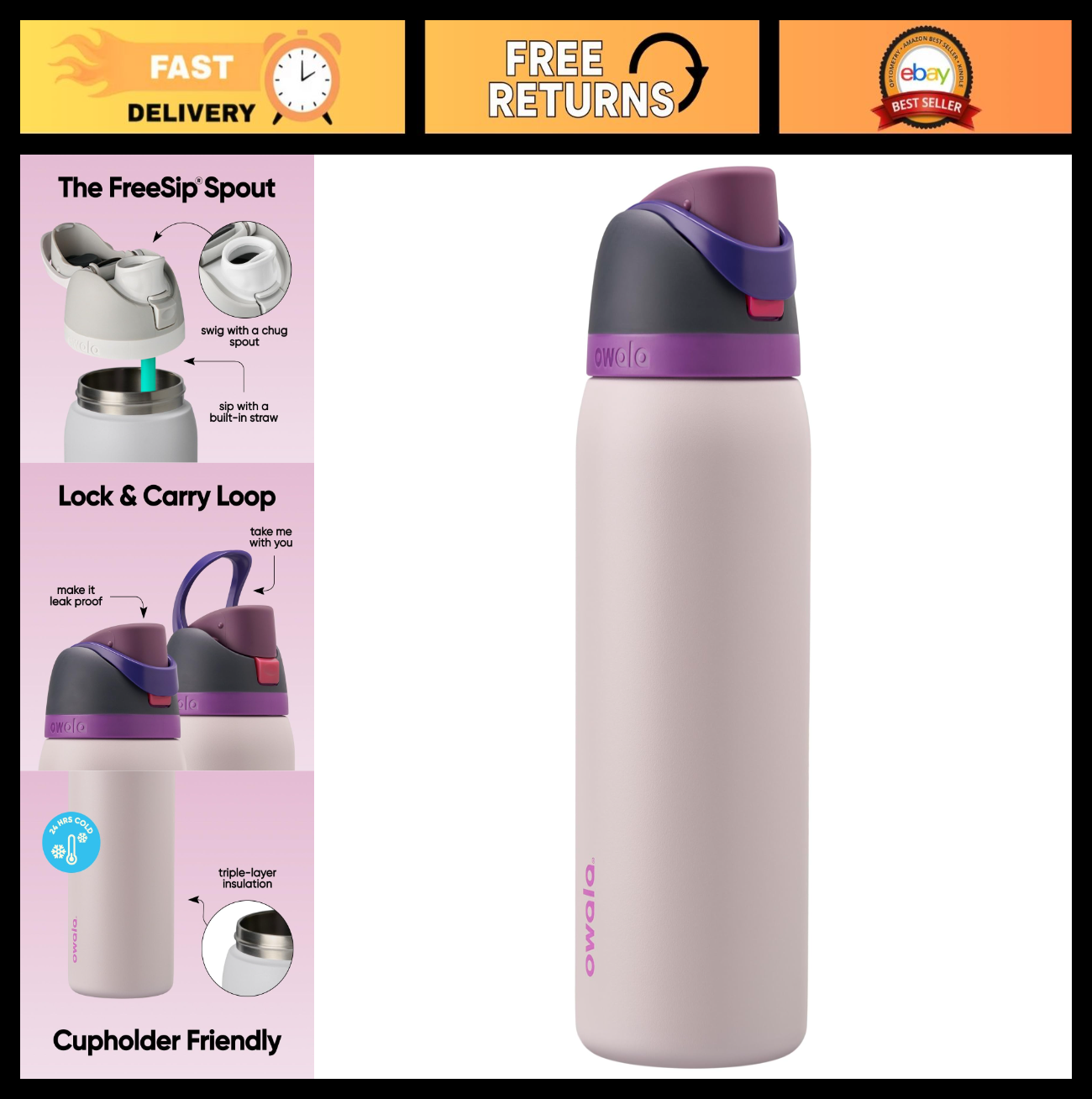 Insulated Stainless Steel Water Bottle 32oz with Straw   BPA Free, Sports & Trav0
