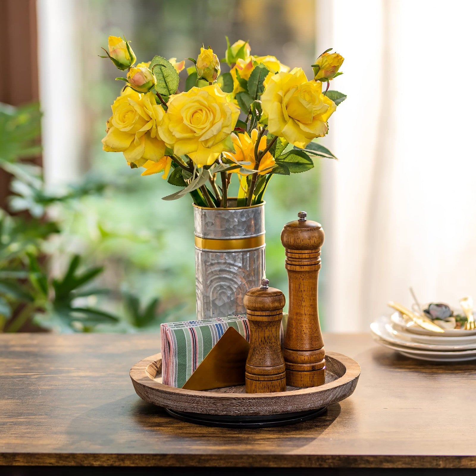 Rustic Wooden Turntable Serving Tray - Vintage Centerpiece for Kitchen & Coffee2