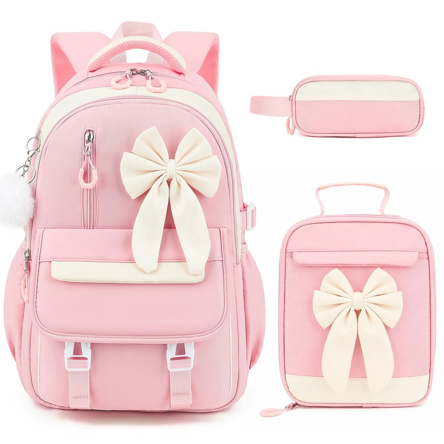 Girls Bow Backpack Set   3PCS with Lunch Bag & Pencil Case, Stylish School Bag1
