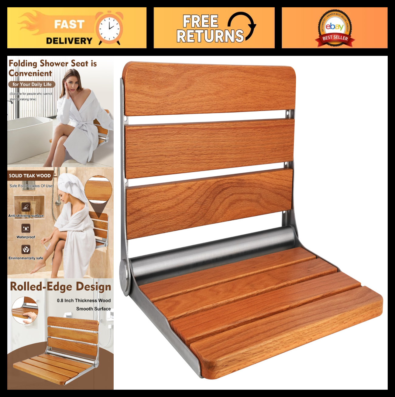 Folding Teak Shower Seat   Wall Mounted, 400lbs Capacity, 16" Foldable Bench0