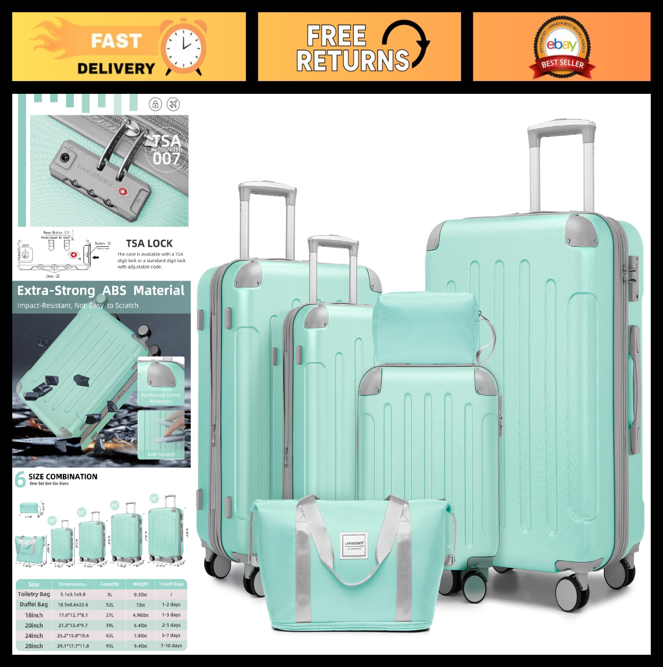6-Piece Mint Green Expandable Luggage Set, Lightweight Hardshell, TSA Lock, 360°0