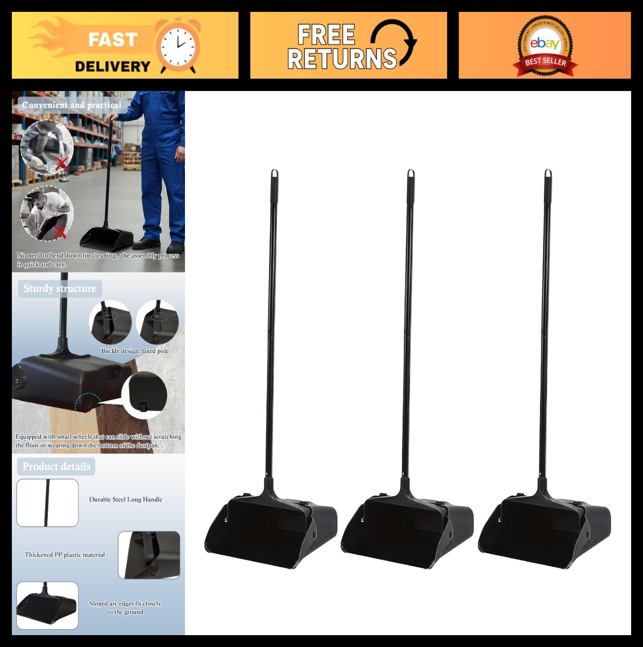 3-Pack Heavy Duty Upright Dust Pans with Long Handle & Wheels - Indoor/Outdoor C0