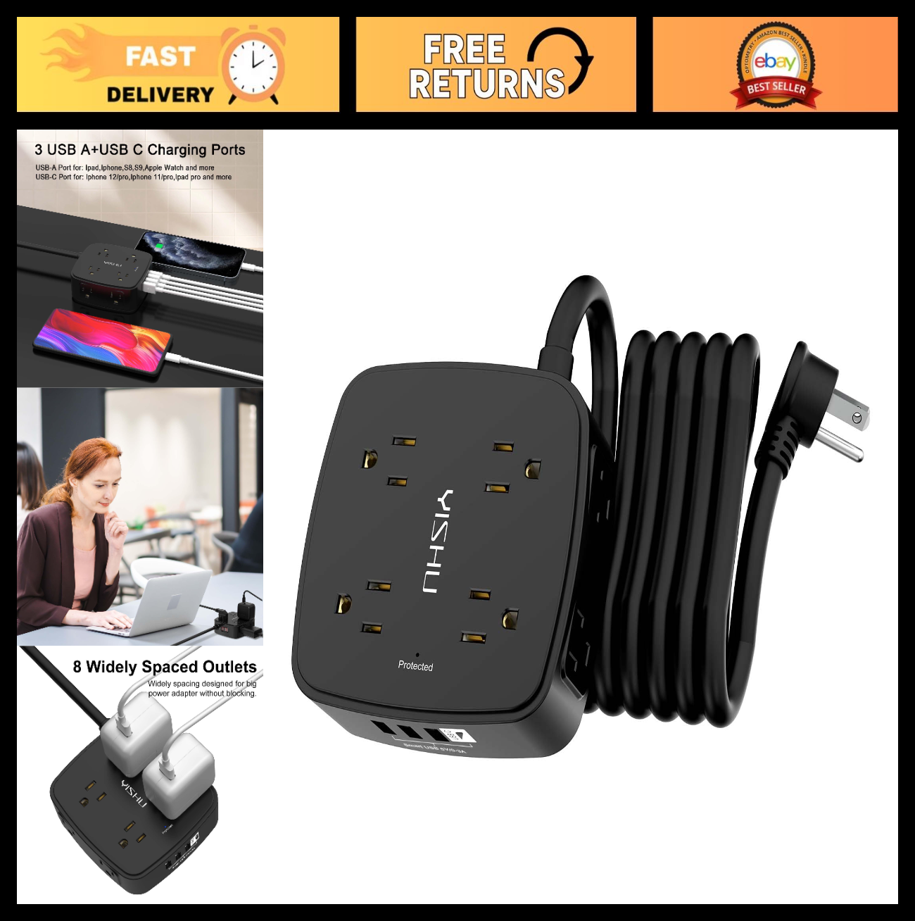 10Ft Surge Protector Power Strip, 8 Outlets & 4 USB Ports, Flat Plug, Wall Mount0