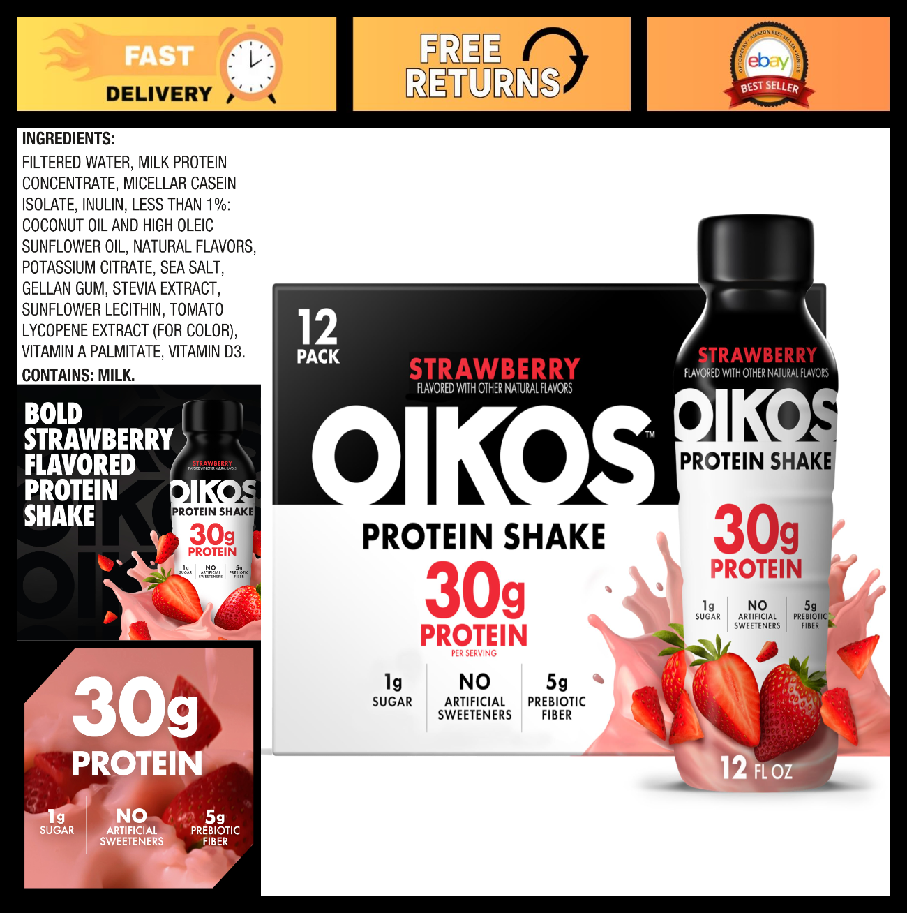High Protein Strawberry Shake, Ready to Drink, 30g Protein, 5g Prebiotic Fiber,0