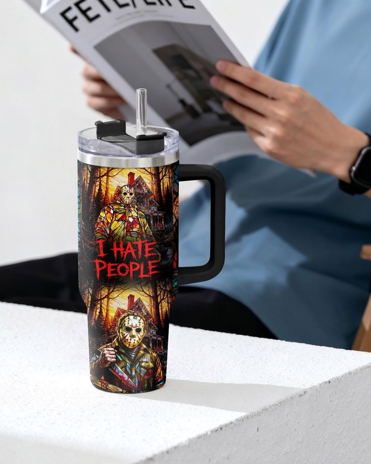 40oz Insulated Travel Mug with Handle   Funny Horror Slasher Design, Perfect Gif6