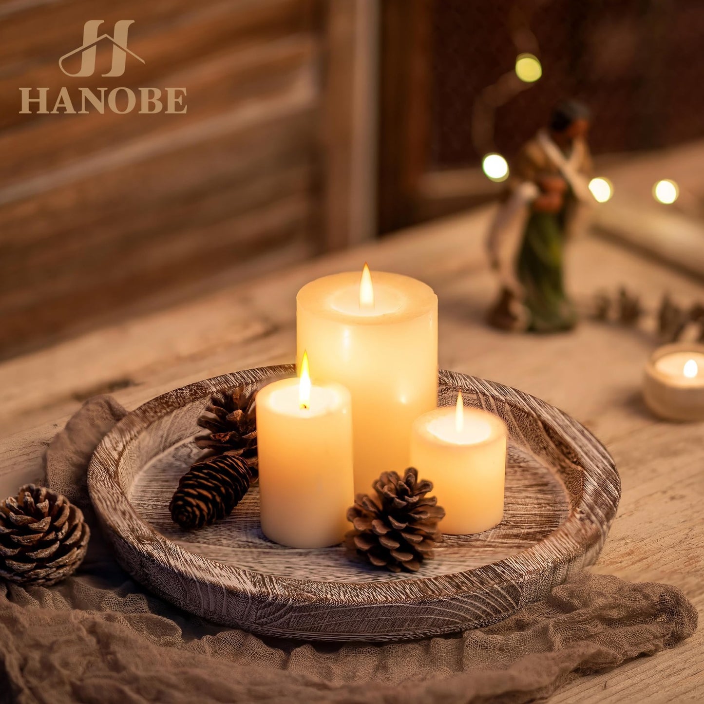 Round Wooden Decorative Tray - Candle Plate Holder for Coffee Table & Dining Roo2