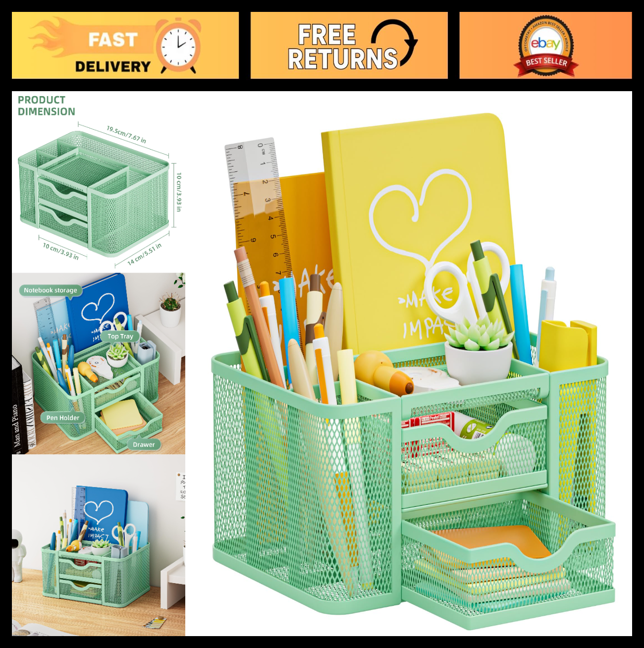 Multi Functional Mesh Desk Organizer with 2 Drawers, 5 Compartments, Green Penci0