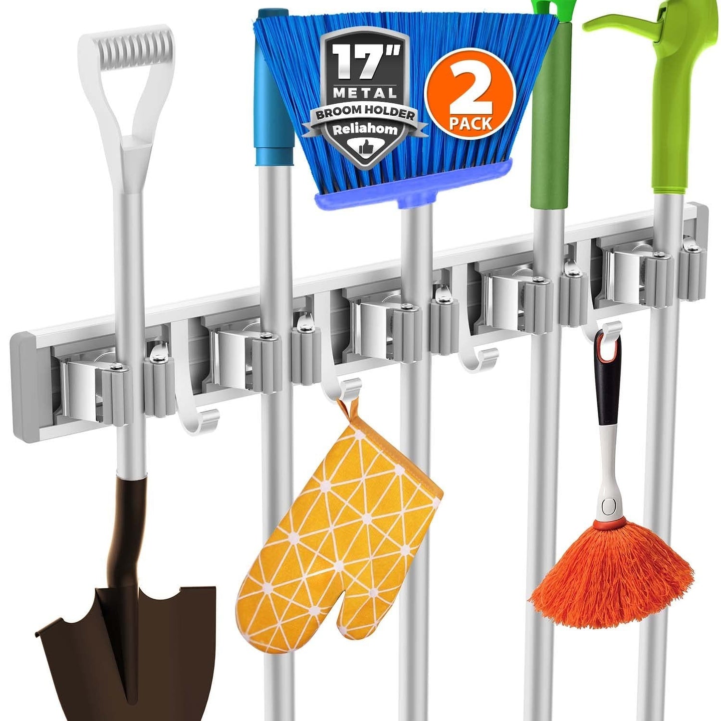 Wall Mount Broom Holder & Mop Organizer - 5 Racks & 4 Hooks, Space-Saving Tool S1