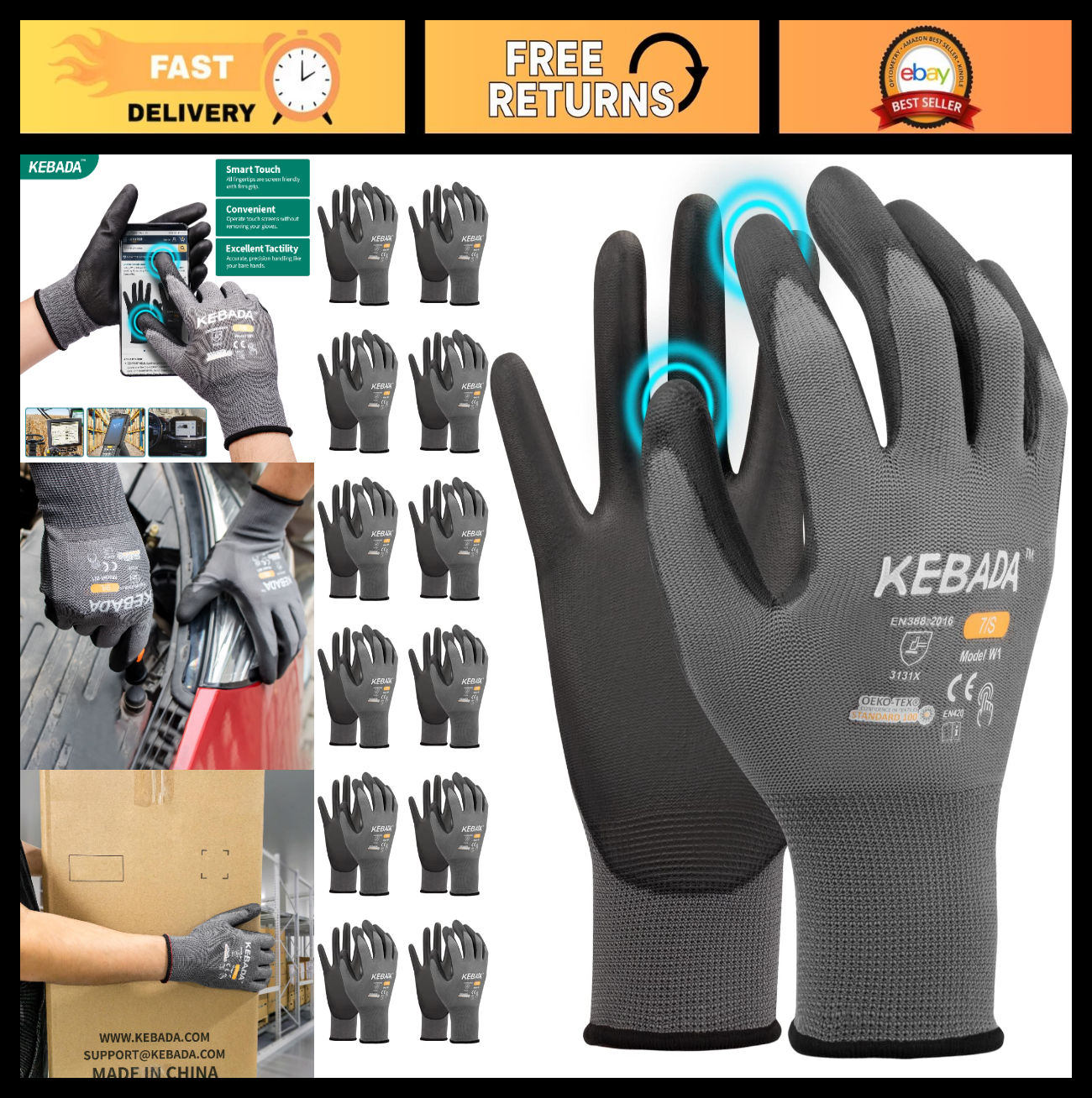 Safety Work Gloves for Men & Women, Touchscreen Compatible, PU Coated, Durable0