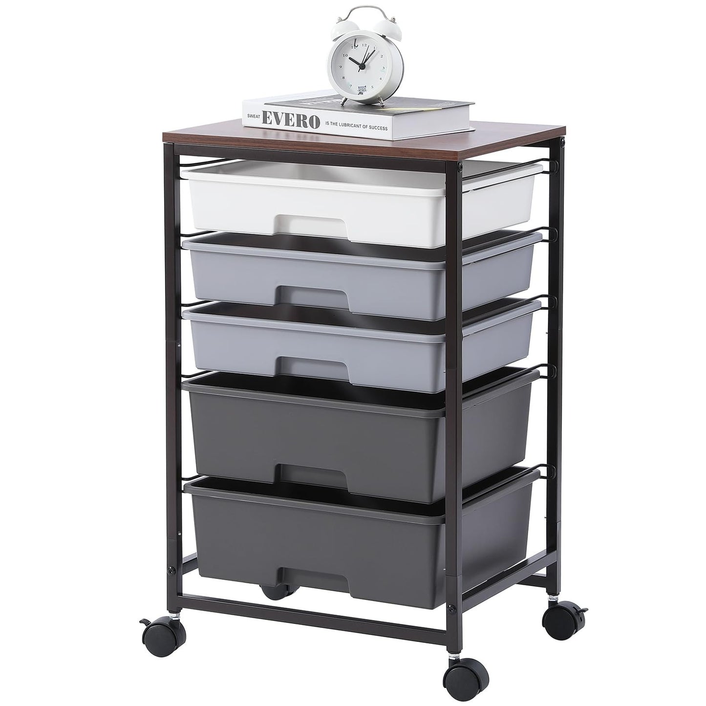 5 Drawer Utility Cart with Wooden Top, Lockable Wheels, Rolling Storage Trolley,1