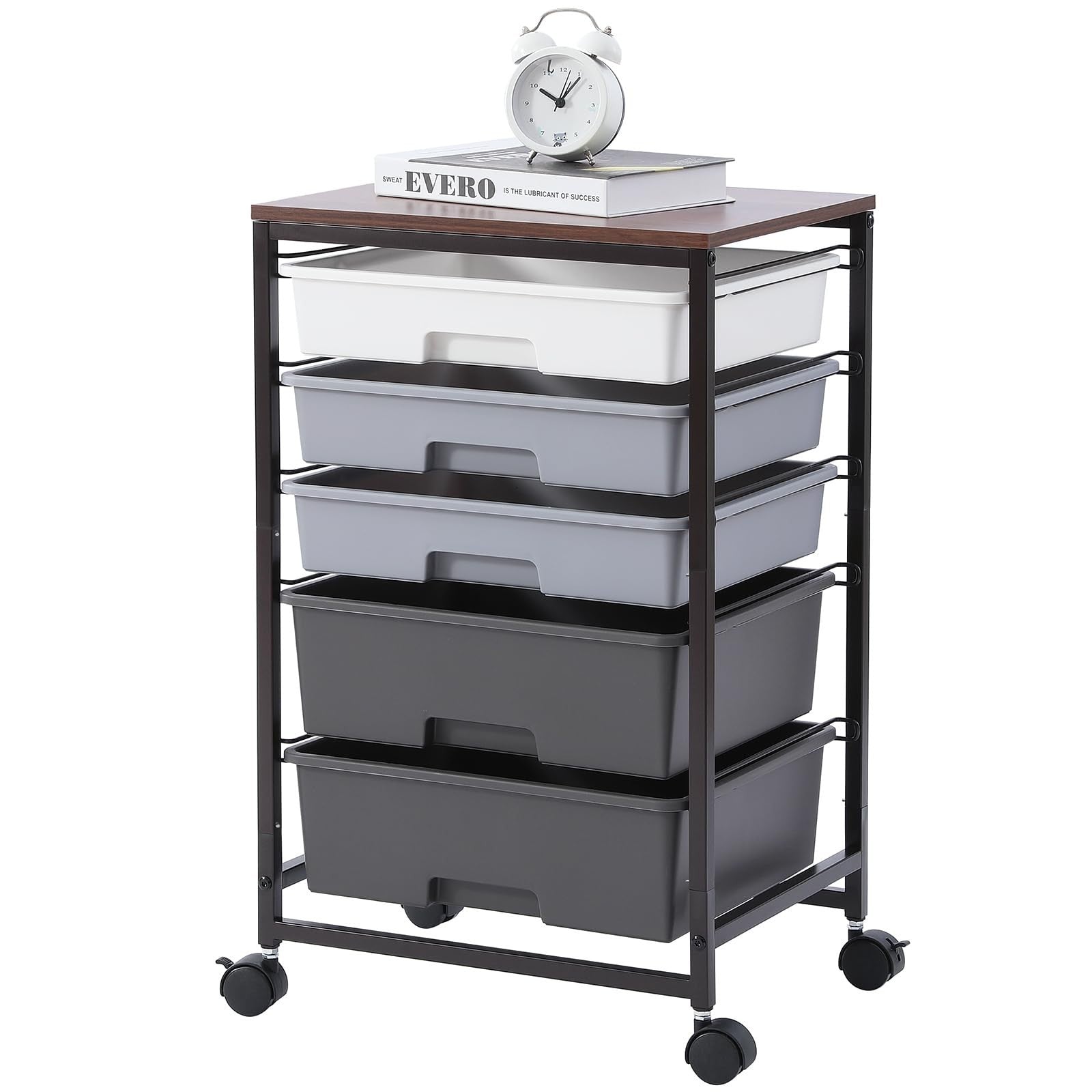 5 Drawer Utility Cart with Wooden Top, Lockable Wheels, Rolling Storage Trolley,1