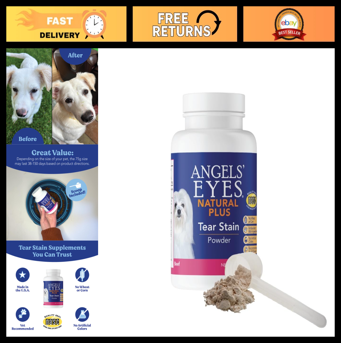 Natural Tear Stain Prevention Powder for Dogs & Cats - Beef Flavor, 75g, Daily E0