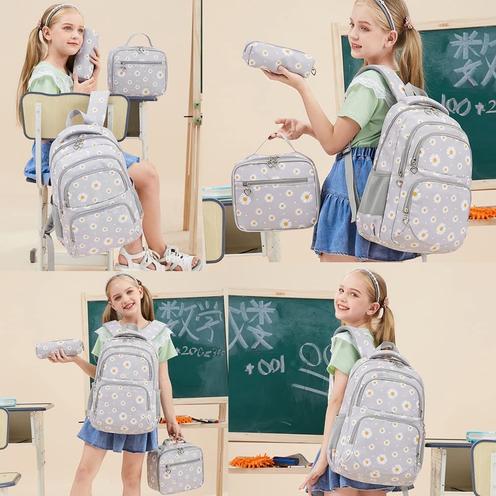 Daisy Print Backpack Set for Girls   3 Pcs Bookbag with Lunch Box   Green, Schoo6