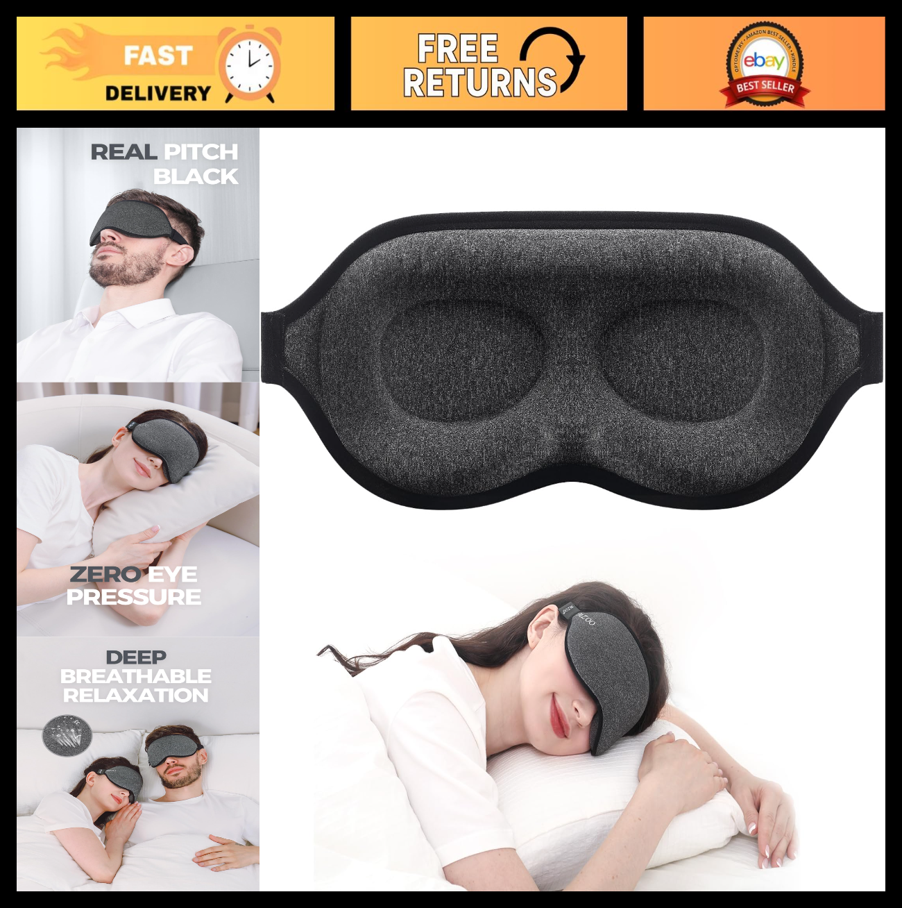 3D Luxury Sleep Mask - Soft Eye Cover for Travel, Light Blocking, Back Sleeper,0