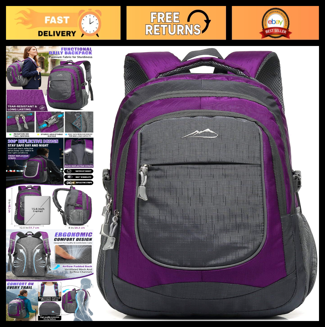 Sturdy College Backpack for Laptops Up to 15.6"   Multi Compartment Travel Bag,0