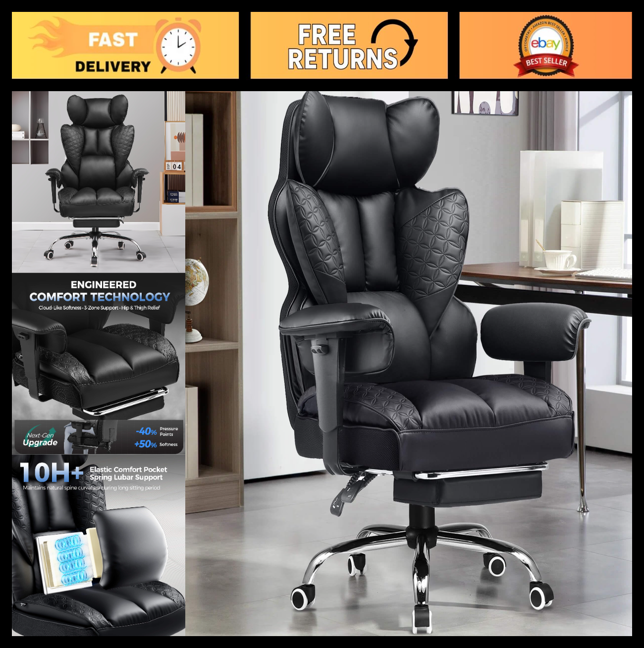 Big & Tall Gaming Chair 400lbs Heavy Duty Office Chair with Footrest, Ergonomic0