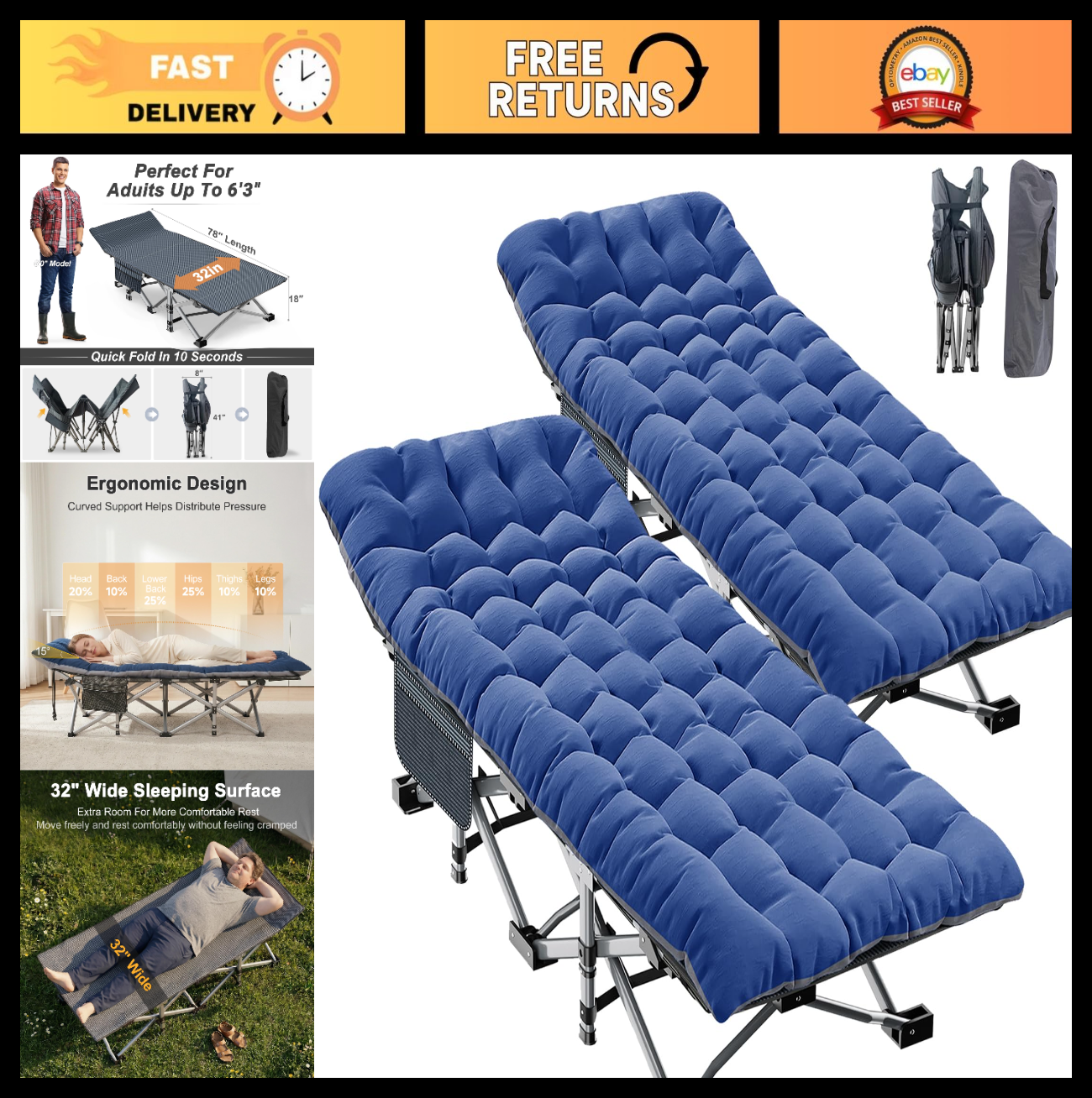 XXL Folding Camping Cot for Adults   900 lb Capacity, 32" Wide, 2 Pack, Sturdy F0