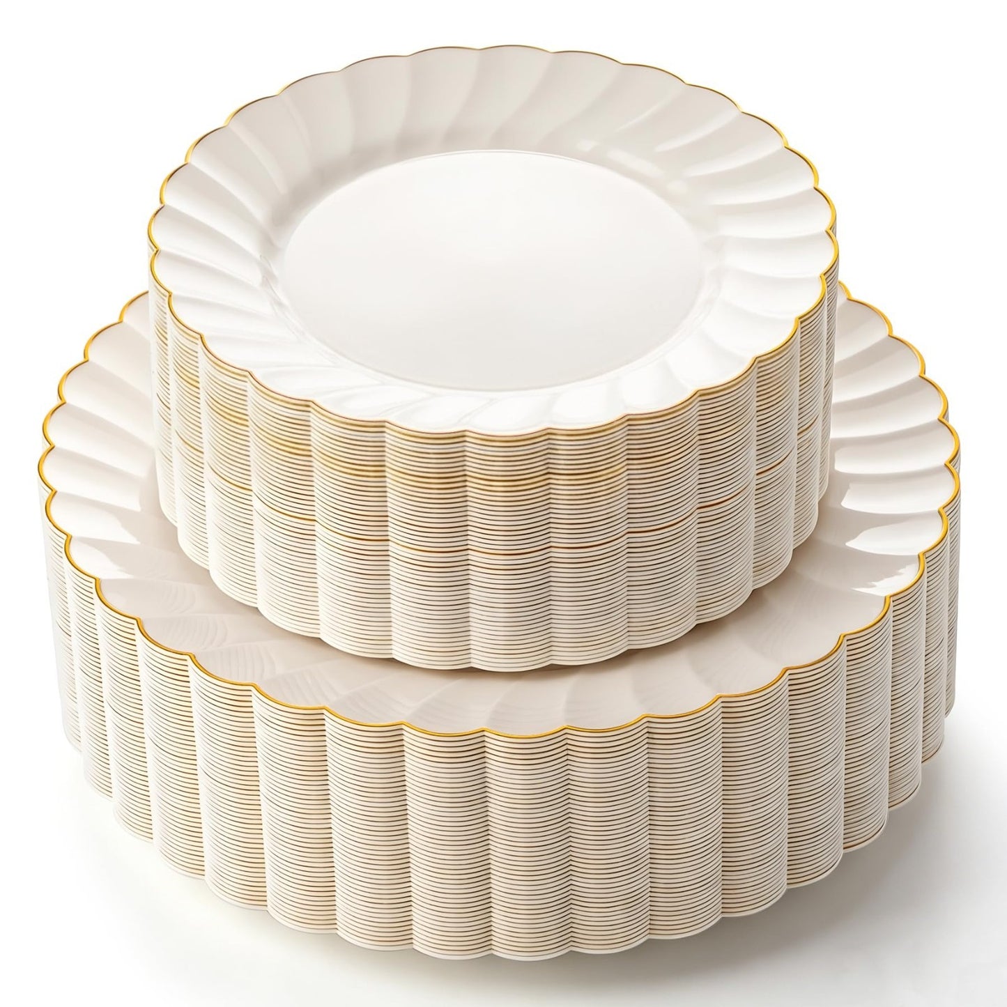 120PCS Heavyweight Ivory Scalloped Disposable Plates with Gold Rim | 60 Dinner &1