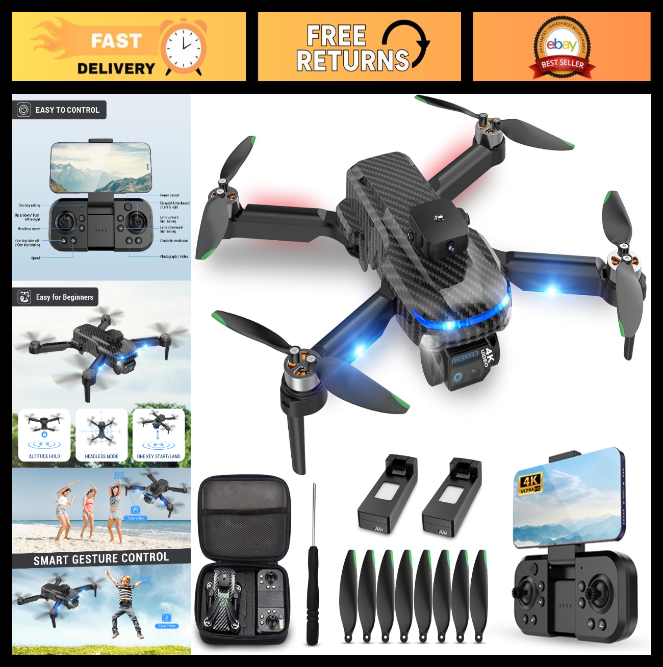 4K HD Camera Drone with 2 Batteries, One Button Return, Headless Mode, 360° Flip0